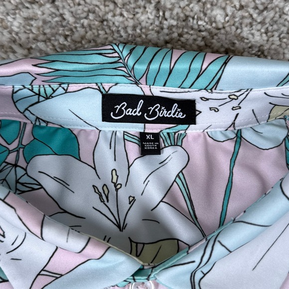 Bad Birdie Polo Shirt Mens XL Pink Blue Tropical Floral Performance Stretch Golf - Picture 2 of 12